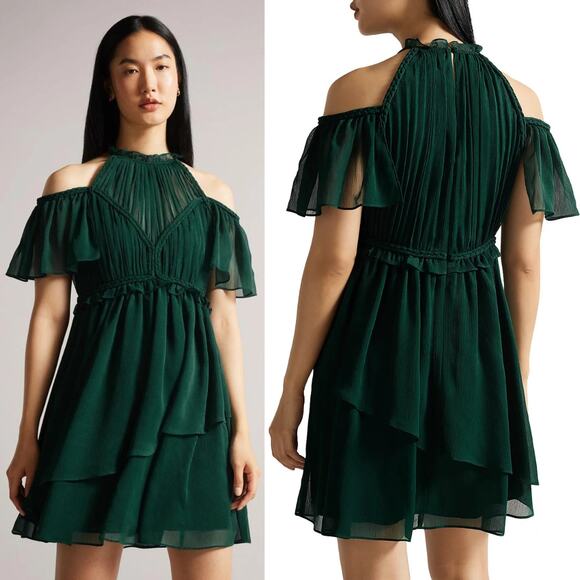 NEW Ted Baker Poppio Rope Detail Mini Dress Ruffle Rope Hunter Green Sz 6 Dainty - Picture 1 of 12